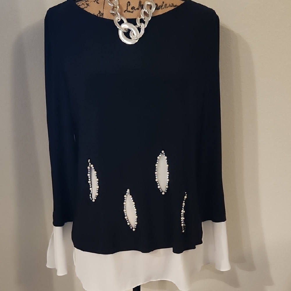 Joseph Ribkoff Black and White Blouse with Pearl Details